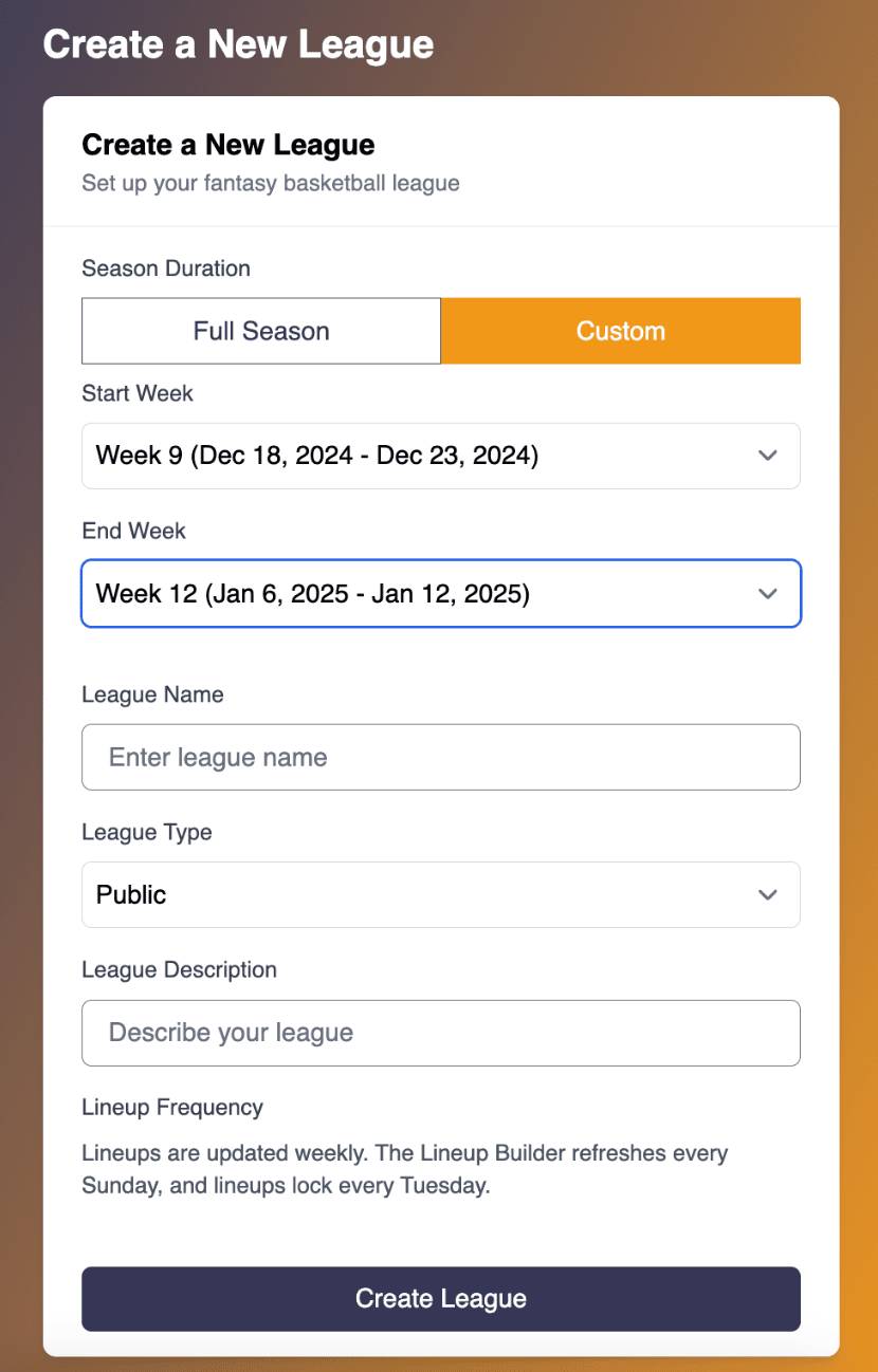 Create League Form Screenshot